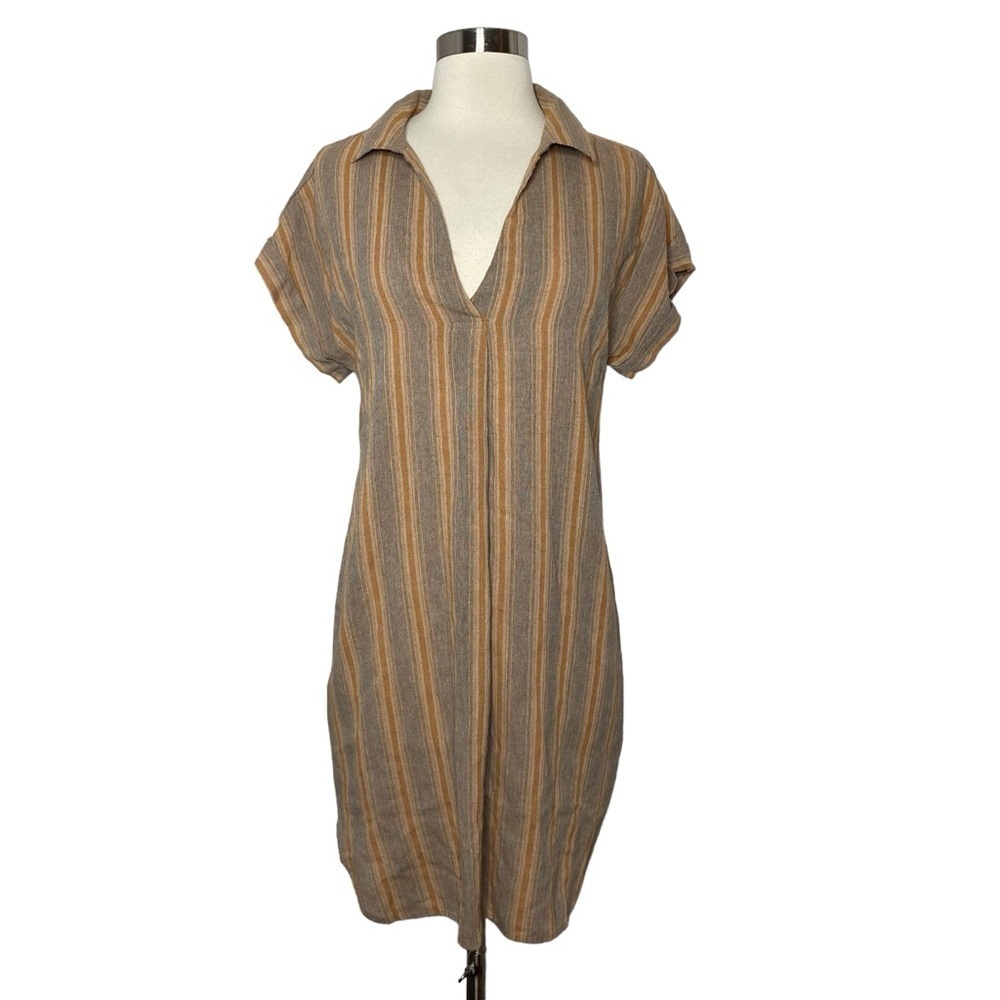 Striped V-Neck Shirt Dress in Taupe and Mustard